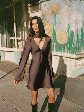 ZARA Satin Scarf Mini Dress VNeck Long Sleeve | Chocolate Brown | NWT | XS,S,M,L